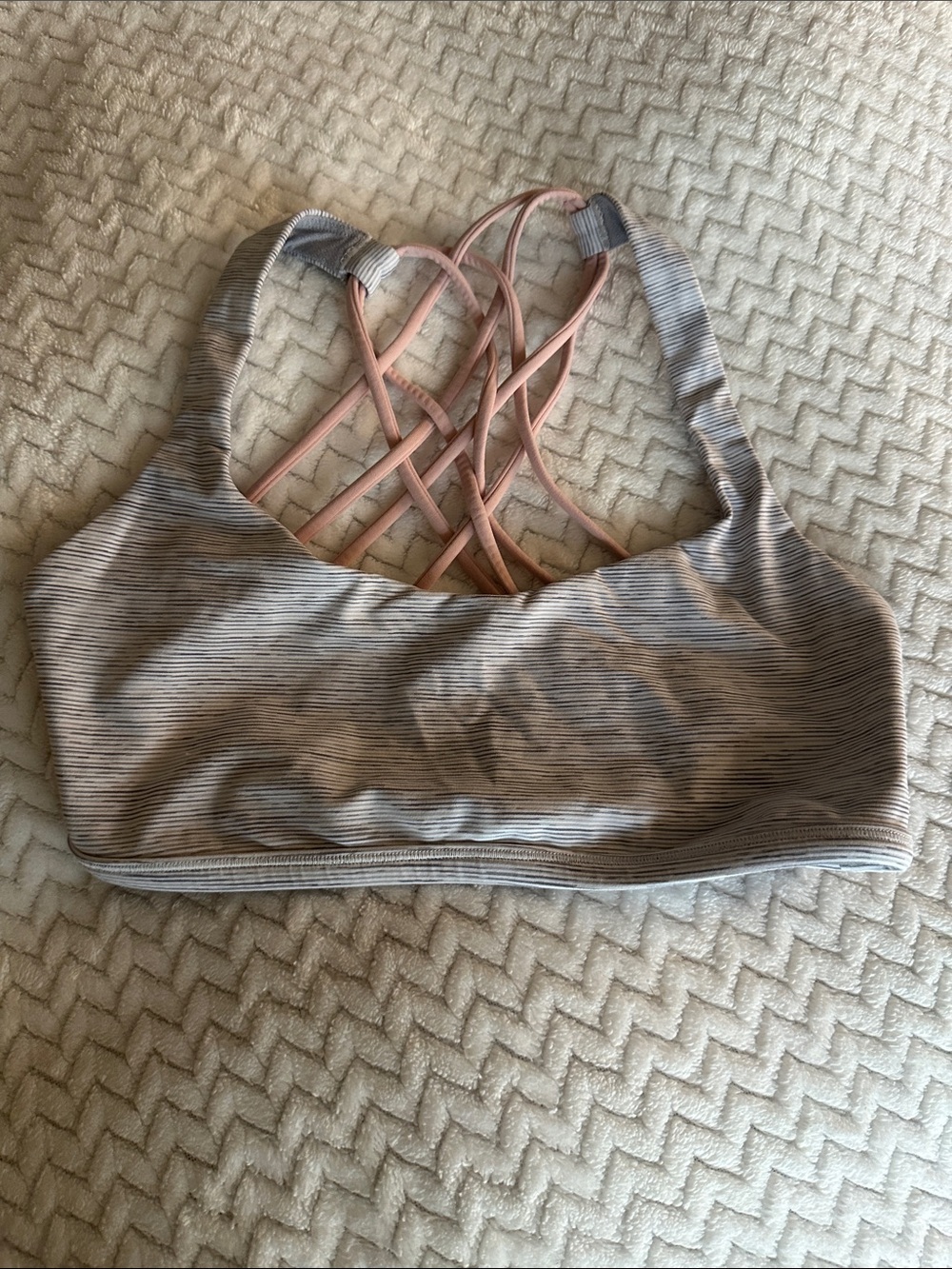 Striped Gray Sports Bralette with Pink Strappy Back